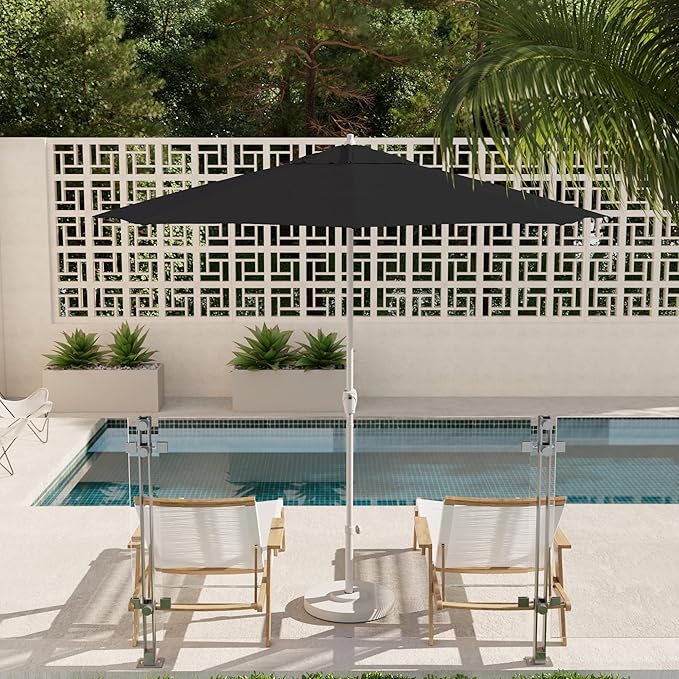 California Umbrella 12-Year Protection 9' Rd Aluminum Patio Umbrella, Crank Lift, Auto Tilt, White Finish, Sunbrella Black