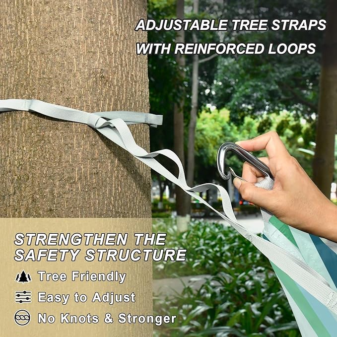 Camping Hammock Outdoor Hammocks for Outside Blue Green Stripe Beach Trees Portable Lightweight with Pockets Tree Straps Indoor