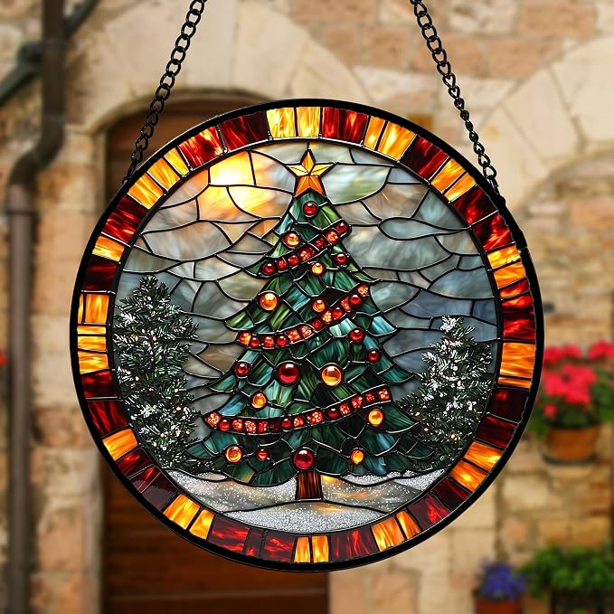 DASTOLL Stained Glass Window Hanging - Winter Christmas Tree Suncatcher Ready to Hang Window Doors Home Decoration, Christmas, Mother's Day Birthday Gifts for Women, Men, and Mom 11.8x11.8 in