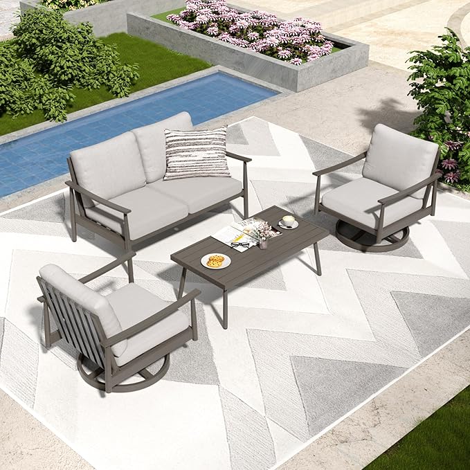 4 Pieces Patio Furniture Set, Aluminum Outdoor Patio Furniture Sets, 2 Swivel Chairs and Loveseat with Thick Cushion, Patio Conversation Set for Backyard Deck Poolside, Greige & Grey