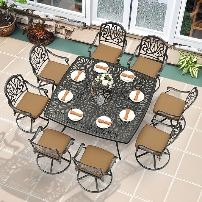 MEETWARM 9-Piece Outdoor Patio Dining Set for 8, All Weather Cast Aluminum Patio Funiture Table and Chairs Set- Large 64" Square Table and 8 Cushioned Swivel Rocker Chairs, 2.2" Umbrella Hole, Khaki