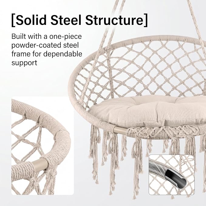 Hanging Hammock Chair, Outdoor Swing Chair, 330 LBS Portable Hanging Swing, Boho Hanging Swing for Bedroom Balcony Living Room Garden Porch Indoor Outdoor Daily Leisure