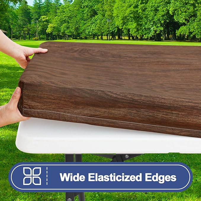 Smiry Picnic Table Cover with Bench Covers, Waterproof Elastic Fitted Tablecloth for 8 Foot Tables, Washable Polyester Tablecloths for Camping, Indoor & Outdoor (Brown, 30x96 Inch 3-pc Set)