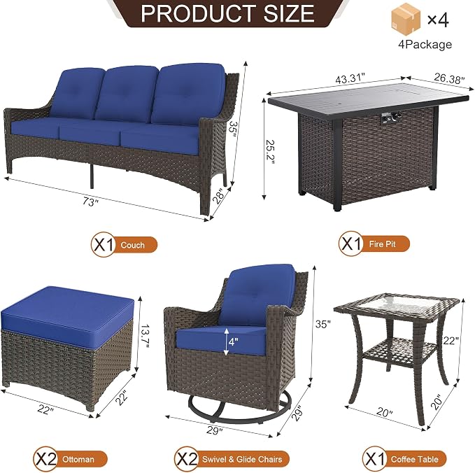 7-Piece Patio Furniture Set Includes Fire Pit Table Outdoor Furniture Combination Rattan Swivel Chair Rattan Sofa with Coffee Table Suitable for Gardens, Patios, and Poolside (Blue)