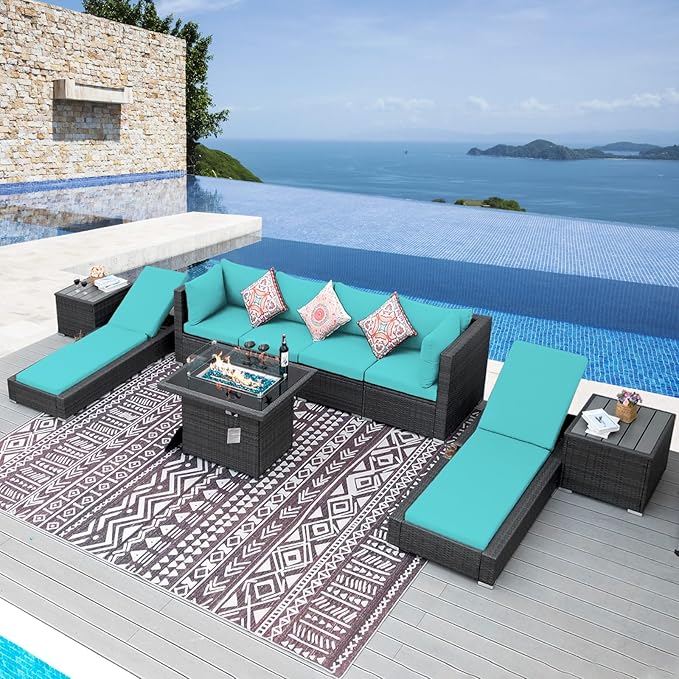 NICESOUL 9 Piece Outdoor Patio Furniture Set with Fire Pit, Modern Backyard Sectional with Chaise Lounge, Cozy 29.3'' High-Back Outside Seating Sofa, All-Weather Wicker Couch for Garden, Grey & Teal