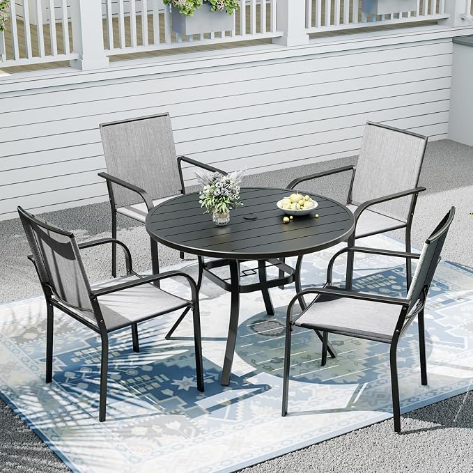 Outdoor Dining Table with 4 Stackable Chairs,41" Round Patio Table with Adjustable Umbrella Hole,Stable Patio Dining Set for Home or Outside