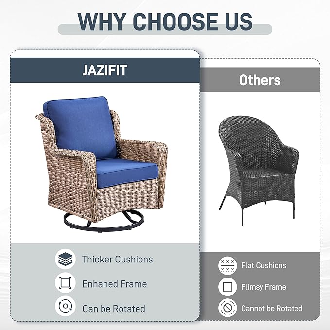 3 Piece Patio Furniture Set, Outdoor Wicker Swivel Chair Set with Side Table, All-Weather Cushioned Patio Conversation Set for Small Spaces, Porch, Balcony,Blue