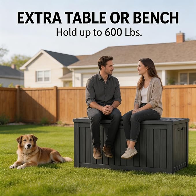 LAUSAINT HOME 180 Gallon Resin Deck Box, Package Delivery Box with Lockable Lid, Waterproof Outdoor Storage Box For Garden Tools, Patio Cushions(180 Gallon,Black)