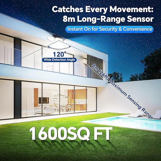 Solar Lights Outdoor, 3000LM Solar Powered Motion Sensor Light, IP65 Waterproof Security Flood Light with 3 Modes, 16-26FT Detection, 6.5-10FT Mounting Height for Wall, Garage, Yard (2 Pack)