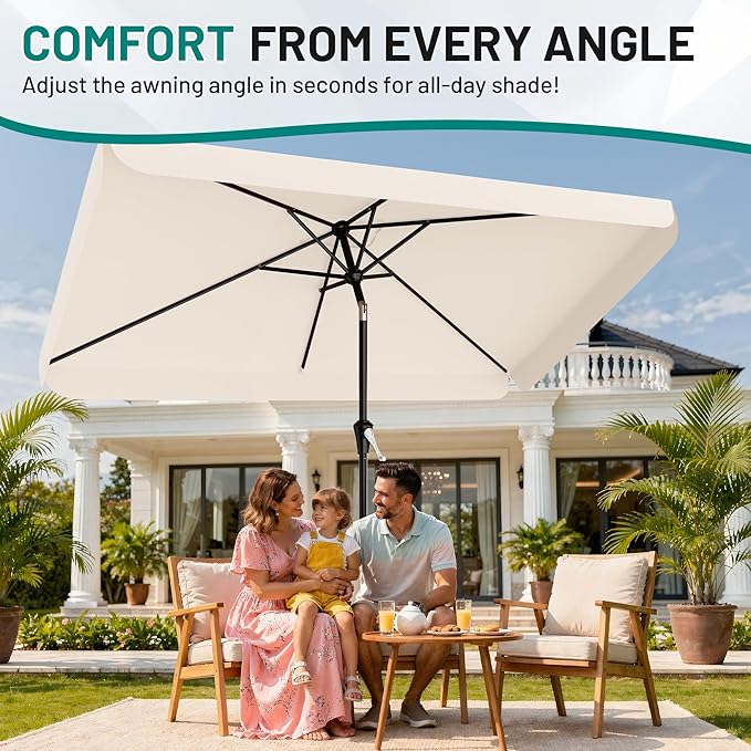 AreShark 6.5 x 10 FT Rectangular Valance Patio Umbrella, Outdoor Umbrella with Tilt and Crank, Market Table Umbrellas W/ 6 Ribs UV Protection for Garden, Deck, Backyard Pool, Cream White