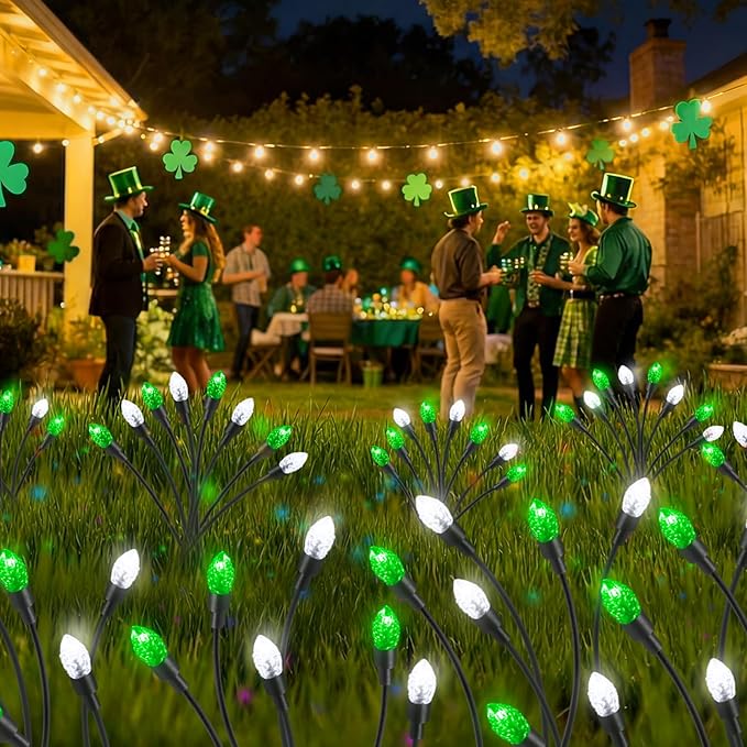 Rossesay 4 Pcs St Patricks Day Outdoor Decorations Solar Lights Waterproof Green 48 LED Swaying Pathway Firefly Stake Lights for Outside Yard Garden Lawn Decorations(Green White,Pine Cone)