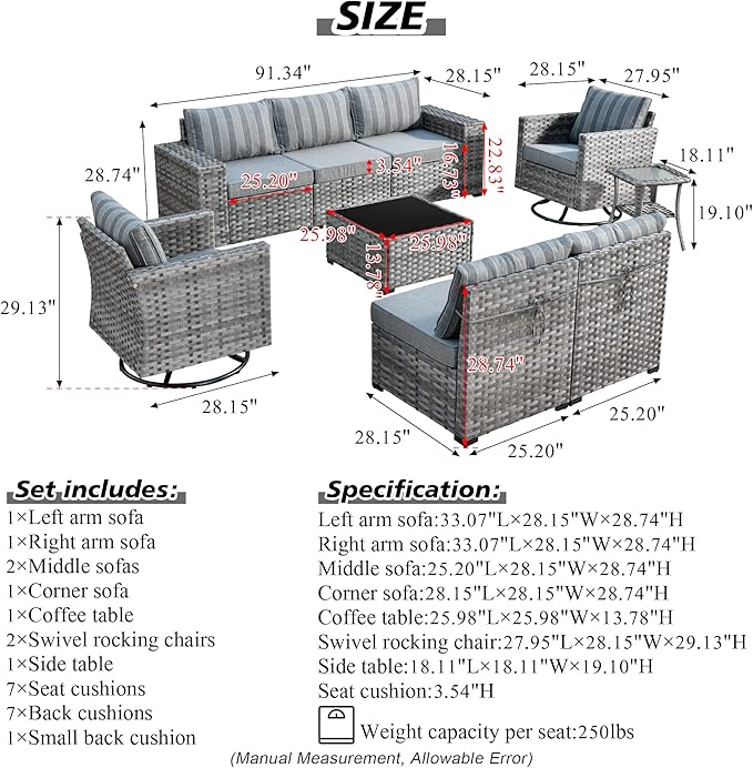HOOOWOOO Outdoor Patio Sectional Furniture Sofa Set with Swivel Rocking Chairs,9 Piece Modern Wicker Couch with Widened Armrest,Modular Conversation Seating Set for Garden(Grey Strips)