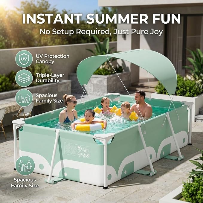 3.0m Rectangular Swimming Pool with Metal Steel Frame, Simple Family Backyard Swimming Pool, Garden, Adult Lawn, no Need for Inflatable Assembly, Convenient Storage (3.0-Meter Swimming Pool)