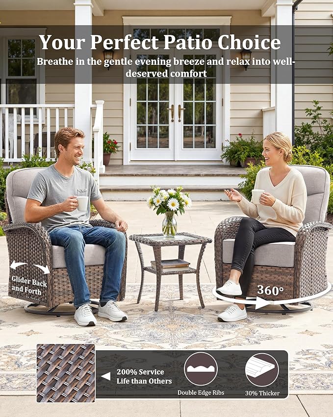 8-Piece Luxury Patio Furniture Set with 6-inch Thick Cushion,Outdoor Wicker Sofa Couch Set of 2 & Swivel Rocker Chairs, Conversation Set for Poolside, Deck & Yard - Gray