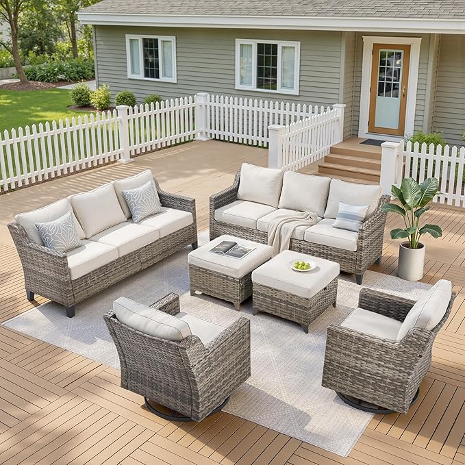 Wicker Patio Furniture Set-6 Piece High Back Outdoor Furniture Set Sectional Sofa with Wicker Swivel Rocker Patio Chairs,Thick Cushions Ottomans for Porch Balcony Patio Deck Grey/Beige
