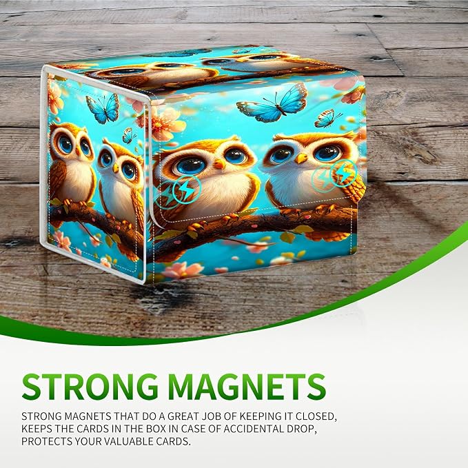 Card Deck Box for MTG, Cards Storage Box Fits 120+ Sleeved, Leather Small Size Strong Magnetic Closing Card Case for Board Games Magic TCG CCG Baseball Collection, Owl Blue