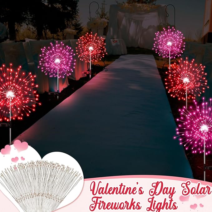 Tujoe 6 Pcs 4th of July Solar Firework Lights Patriotic Solar Light Outdoor Garden 120 LED 8 Modes Waterproof LED Sparkler Light for 250th Anniversary Patio Yard Pathway Walkway (Red,Pink)