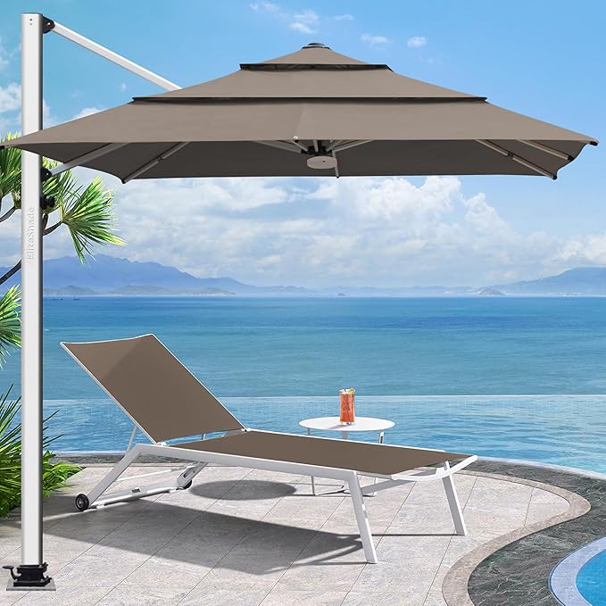 EliteShade USA APOLLO 3-Tier 10x10FT Full Aluminum Cantilever Patio Umbrella for Outdoor restaurant Garden Courtyard Deck Pool and Marketing with Light,Taupe