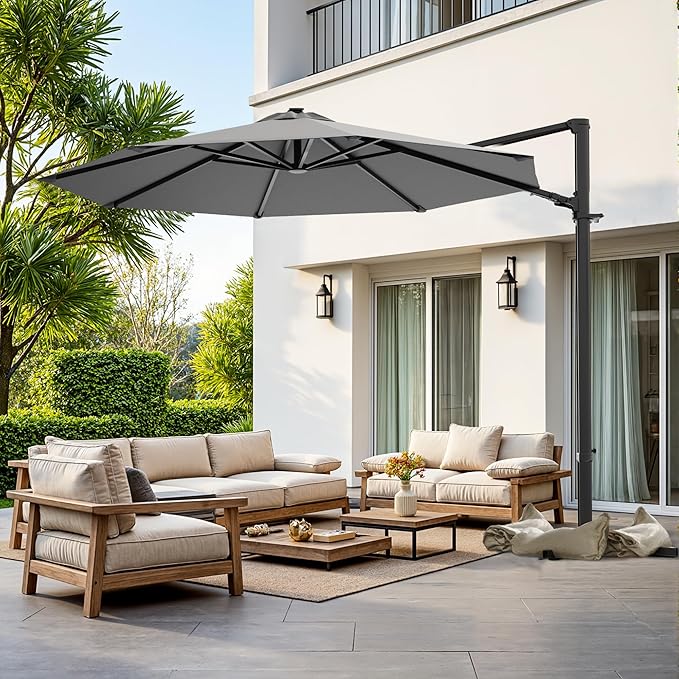 Greesum 10FT Outdoor Patio Umbrella with High Pedel and 4 Gear Heights, Large Offset Market Umbrella with 360-degree Rotation, Without Base, Hanging Outdoor Shade for Garden, Lawn, Pool, Gray