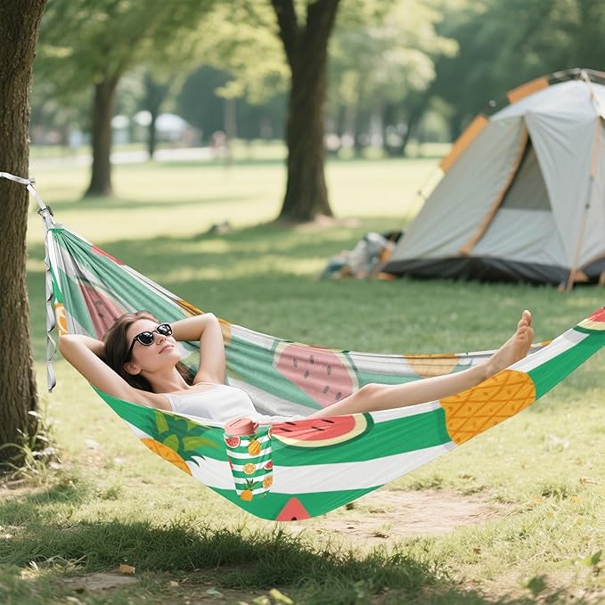 Green White Striped Summer Fruit 330lb Capacity Hammocks for Camping with Tree Straps Tree Hammock for Patio Backyard Lounge Base hamaca para Patio Exterior