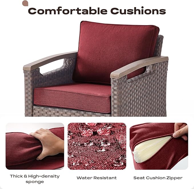 Rilyson Wicker Outdoor Patio Furniture Set - 6 Piece Patio Conversation Sets with Swivel Rocker Chairs, Sofa, Ottomans and Coffee Table, Thick Cushions, Waterproof Wicker, for Porch Deck Brown/Red