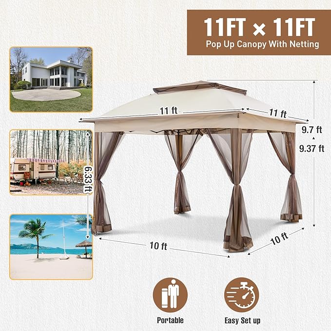 11x11 Pop Up Gazebo Tent with Mesh Netting, Instant Outdoor Canopy with UPF 50+ UV Protection, Water Resistant, Beige
