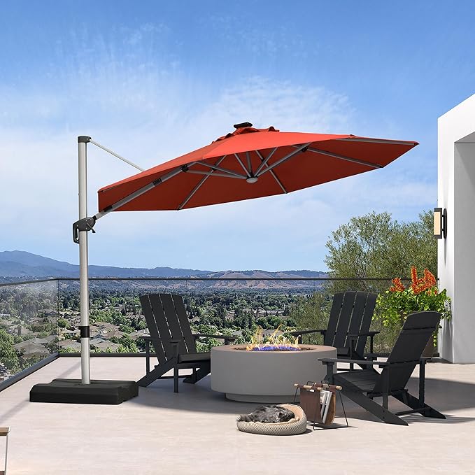 PURPLE LEAF Cantilever Umbrella with base 11ft Outdoor Round Patio Solar Powered LED Umbrella with 360-degree Rotation for Garden Deck Pool Patio, Brick Red