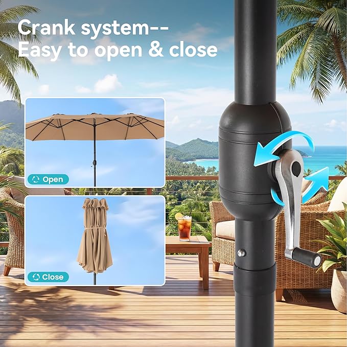 COSIEST 15FT Patio Umbrella with Base Included, Outdoor Double-Sided Table Umbrella,Large Rectangular Market Umbrella w Crank Handle for Garden, Pool, Deck Shade, Khaki