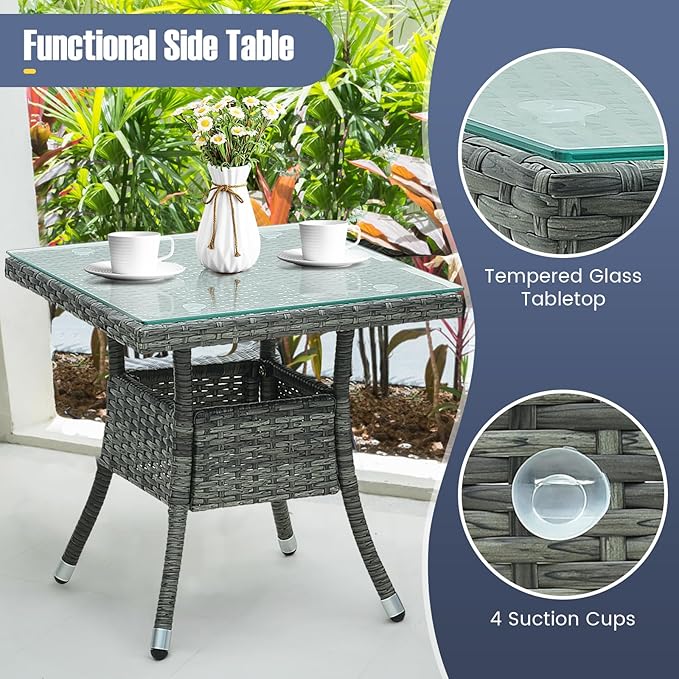 Tangkula 3-Piece Wicker Adirondack Set, Ergonomic Oversized Rattan Chairs w/Coffee Table, Comfy Seat Cushions, Tempered Glass Tabletop, Patio Conversation Set for Porch (Wicker, 3-pc)
