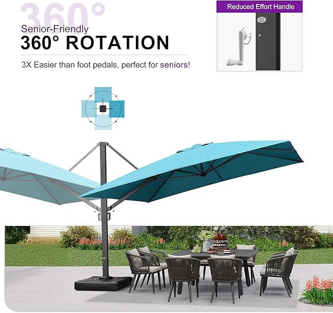 PURPLE LEAF 12' X 12' Square Patio Umbrella with Wheeled Base Large Offset Hanging Outdoor Cantilever Umbrella Included Base for Garden Deck Backyard Pool Turquiose Blue