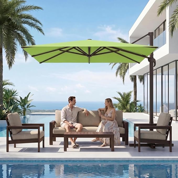 Kingdura 10' X 10' Cantilever Patio Umbrella with Base Included, Large Square Aluminum Outdoor Offset Umbrella with 360-degree Rotation, 4 Position Tilt, UV Protection for Pool Deck Garden Patio (Apple green)