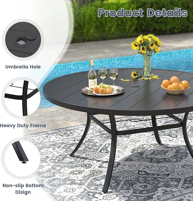VICLLAX 50" Outdoor Round Patio Dining Table for 4-6, All Weather Metal Dining Table with Umbrella Hole for Deck Lawn Garden Backyard, Black