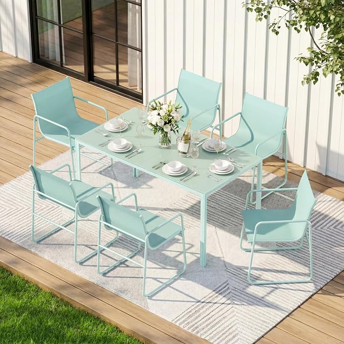 ONBRILL 7 Piece Patio Dining Set for 6, Modern Rectangular Glass Top Steel Table with 6 Breathable Textilene Chairs, Easy Assembly All-Weather Design for Lawn, Backyard, Poolside & Gatherings, Aqua