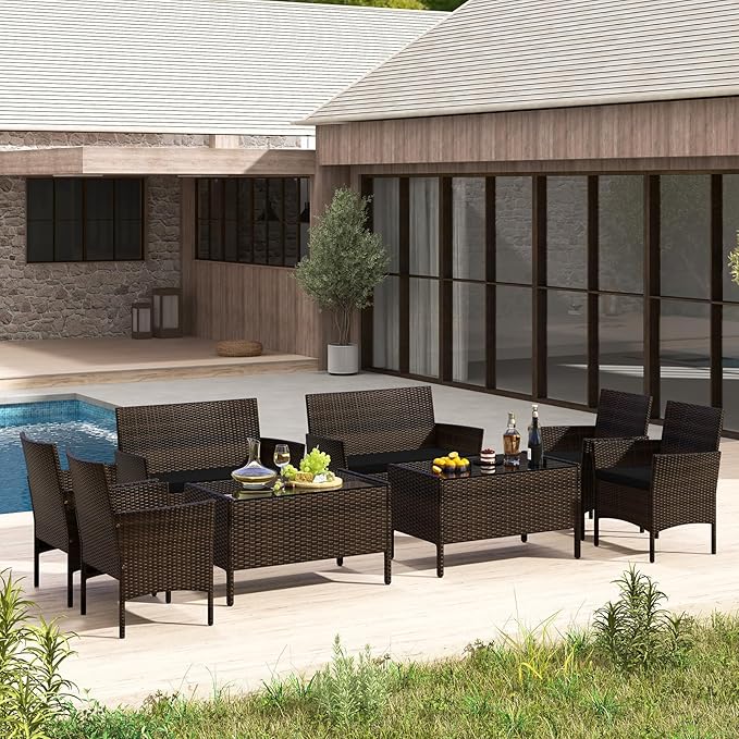 Tangkula 8 Piece Patio Rattan Conversation Set, Outdoor Wicker Furniture Set with Chair, Loveseat & Tempered Glass Table, Cozy Seat Cushions, Outside Sectional Sofa Set for Backyard, Porch (1,Black)