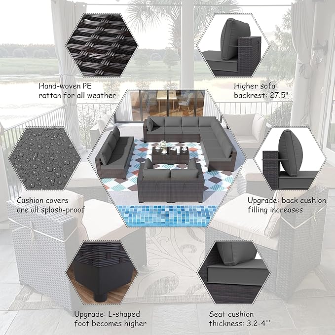 ALAULM 14 Pieces Patio Furniture Set Wicker Patio Conversation Set, Outdoor Sectional Furniture w/Coffee Table & Washable Seat Cushions-Grey