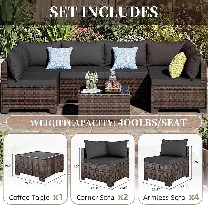 7 Pieces Patio Furniture Set - Outdoor Sectional Wicker Rattan Furniture with Cushion and Glass Table Patio Conversation Sets for Porch Poolside Backyard Outdoor Sofa Set Modular Sofa