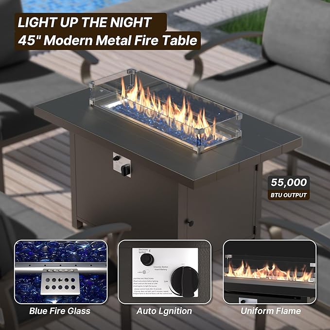Gotland Aluminum Patio Furniture Set with Fire Pit Table, Metal Patio Furniture with 12 Seats Waterproof 5.1'' Seat Cushions, Oversized Outdoor Sectional Conversation Sets for Balcony Porch Black