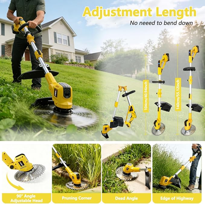 3-in-1 Cordless Weed Wacker, Grass Trimmer/Lawn Mower/Brush Cutter with LCD Display, (2 x 4.0Ah Batteries & Charger), Electric Weed Eater for Yard and Garden (900W Brushless Motor, 4 Blades)