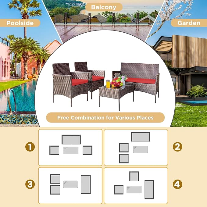 PROHIKER 4 Piece Outdoor Wicker Patio Conversation Furniture Set, Rattan Chair Wicker Sofa Garden Conversation Sets with Cushion and Glass Table for Yard Pool or Backyard, Brown/Red