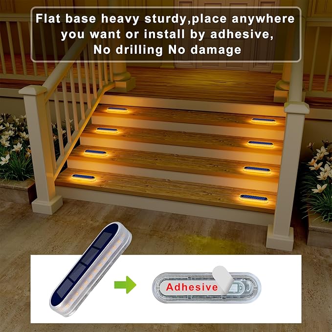 DetarZinLED Solar Step Lights Outdoor Waterproof LED, 4 Pack Warm White Flat Solar Powered Deck Lights for Outside, Stick on Light Bar for Stair, Dock, Patio, Garden, Path, Walkway, Driveway, Porch