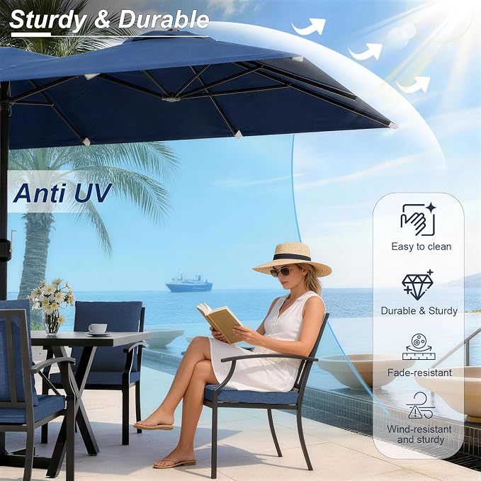 10 Piece Outdoor Dining Set for 8, Patio Table and Chairs Set with Umbrella, Metal Patio Furniture Set with 2 Swivel Chairs, Outdoor Table and Chairs with Cushions for Lawn, Garden, Yard-Navy