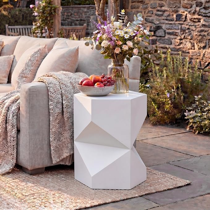 HOMPUS Outdoor Side Table Polygonal, Concrete End Table Hexagonal w Gloss Finish, Patio Accent Table Modern Design Home Decor, MgO Coffee Table for Living Room, Garden, Backyard, White