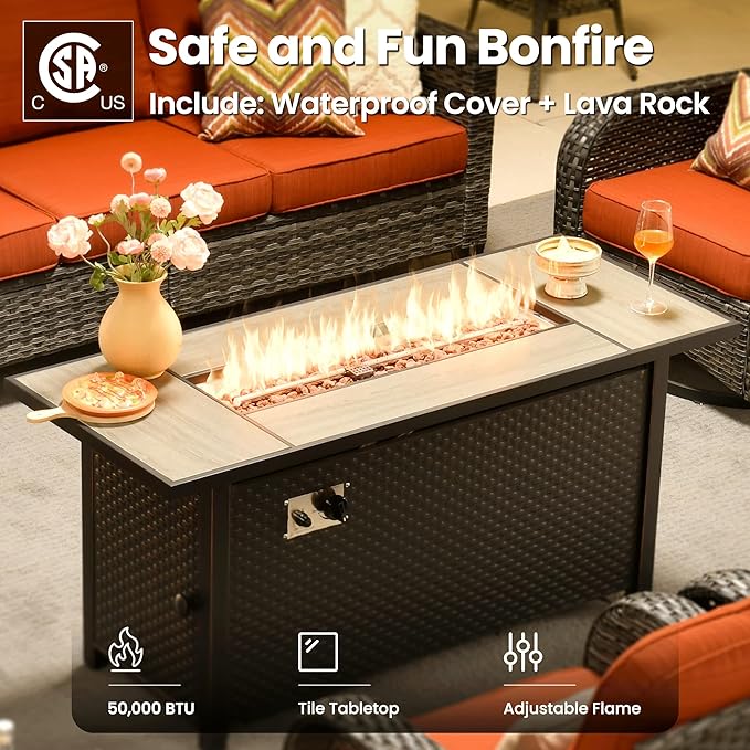 ovios 9 Pieces Patio Furniture Set, Outdoor Wicker Sofa Couch with Rocking Swivel Chairs Fire Pit Table, Modern Deep Seat Rattan Conversation Sets for Deck Porch, Orange Red