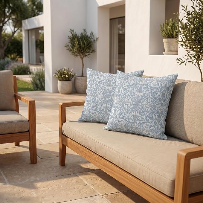RSH DECOR: Sunbrella Square Throw Pillows Set of 2 | 24" x 24" | Water and Fade-Resistant Performance Fabric | Outdoor Pillow Covers with Down-Alternative Inserts | Made in USA (Provincial Azure)