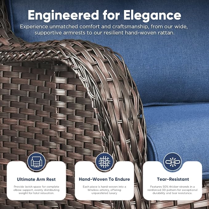 Belord Patio Furniture Set with Fire Pit Table,8 Piece Wicker Outdoor Furniture Set, Swivel Rocker Chairs with Ottomans and Loveseat, All Weather Patio Conversation Set, Pool,Yard, Brown Wicker/Blue