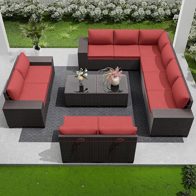 12 PCS Outdoor Patio Furniture Set,Outdoor Sectional Furniture All Weather PE Rattan Wicker Patio Conversation Set with 2 Coffee Tables and 10 Thickened Cushions,Red