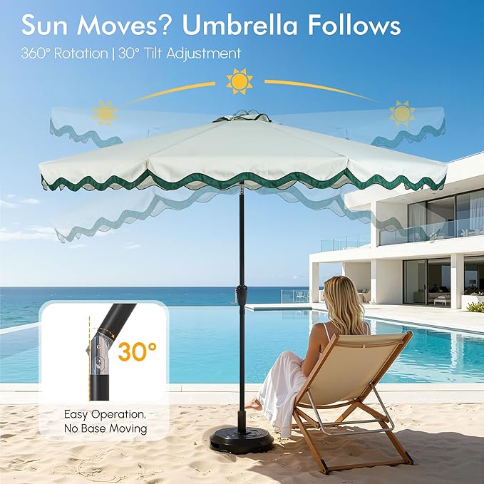Weaxty 10FT Patio Umbrella, Trendy Color Scalloped Edge, UV-Resistant Canopy Outdoor Table Market Umbrella, Tilt Adjustment, Crank, Heavy-duty 8 Ribs for Backyard Poolside Deck Beach Lawn Backyard