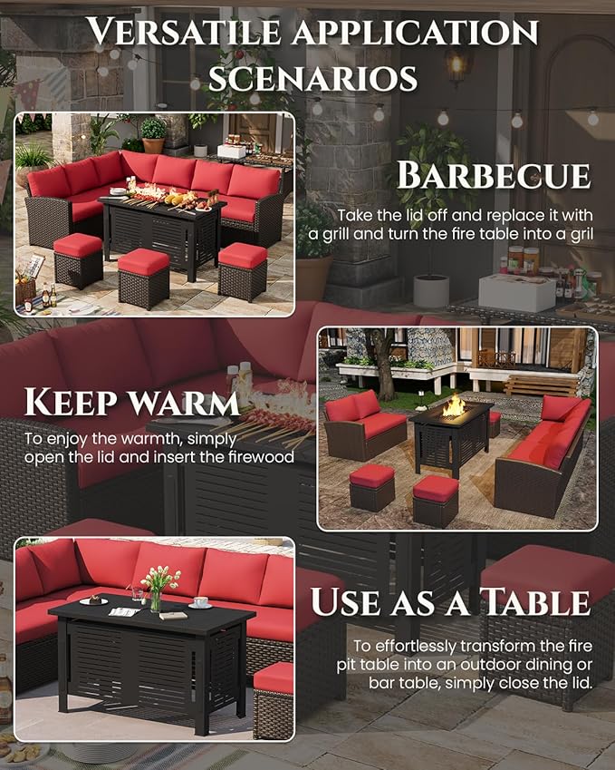 U-MAX 7 Pieces Patio Furniture Set with 43" Fire Pit Table, Outdoor Sectional Sofa Conversation Set, All Weather Wicker Rattan Dining Table & Chair with Ottoman, Brown Rattan&Red Cushion