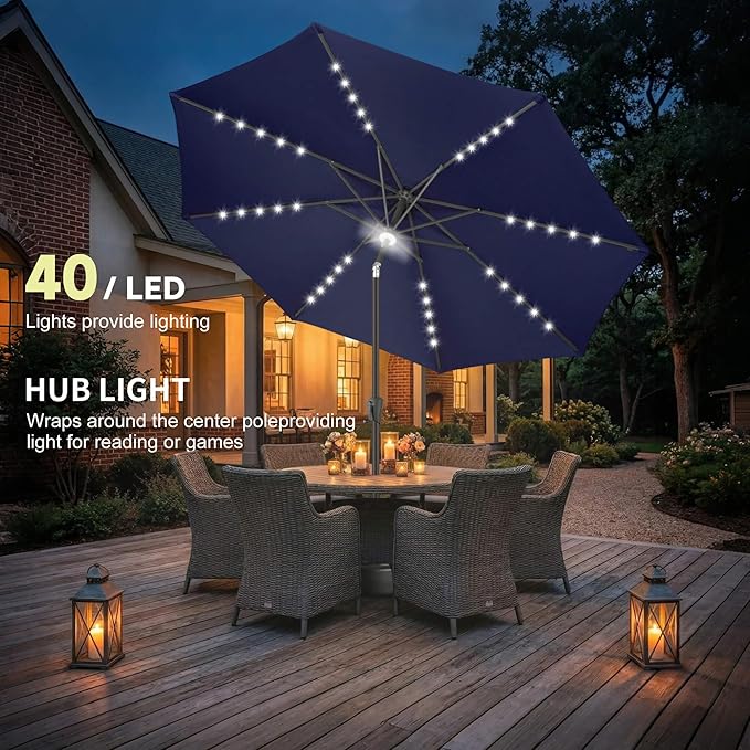 10ft Solar Umbrella Outdoor - Lighted Solar Patio Umbrella with 40 LED Lights Waterproof UV Protection, Table Umbrella with Tilt for Pool, Porch, Garden, Deck, Backyard (Navy Blue)