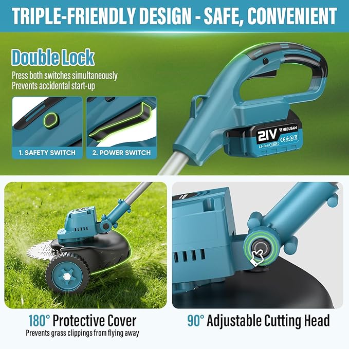 21000RPM Electric Weed Wacker Cordless-8000mAh, 1000W Weed Eater Battery Powered with Wheel, Adjustable Length, 4‑in‑1 Lightweight Grass Trimmer/Brush Cutter/Weed Trimmer/Edger Tool for Garden Yard